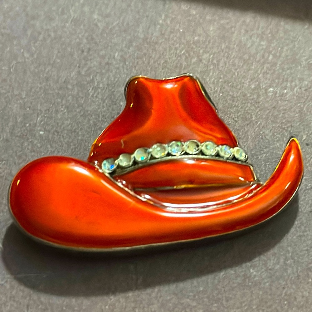 Red Orange Rhinestone Cowboy Hat Brooch